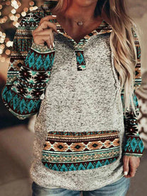 Ethnic Patterned Women&#39;s Hoodie With Kangaroo Pocket