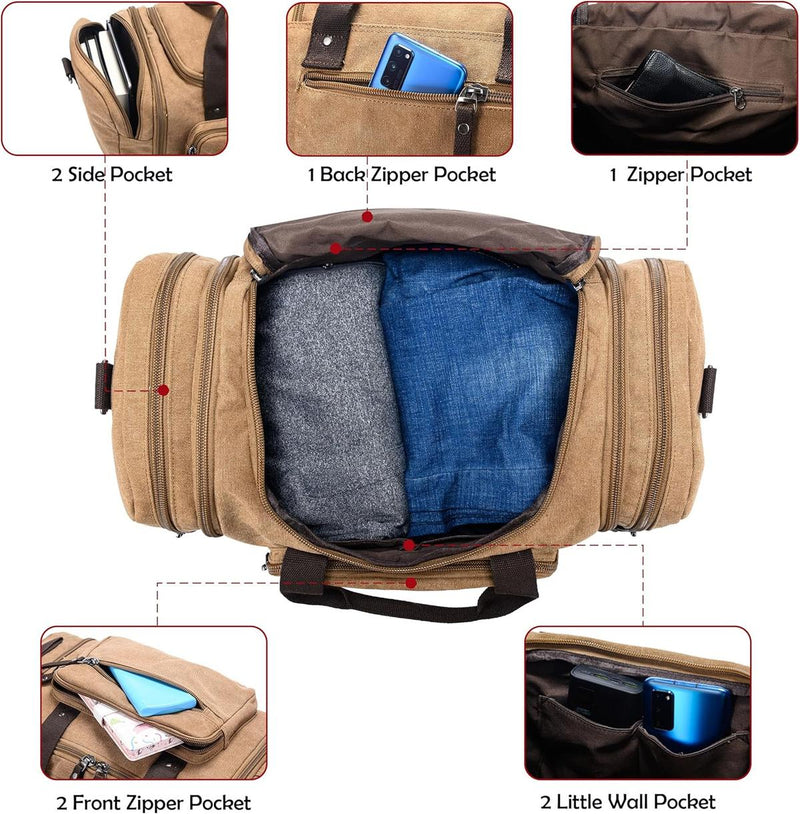 Expandable Canvas Weekend Duffle Bag - 40L to 50L Travel Backpack