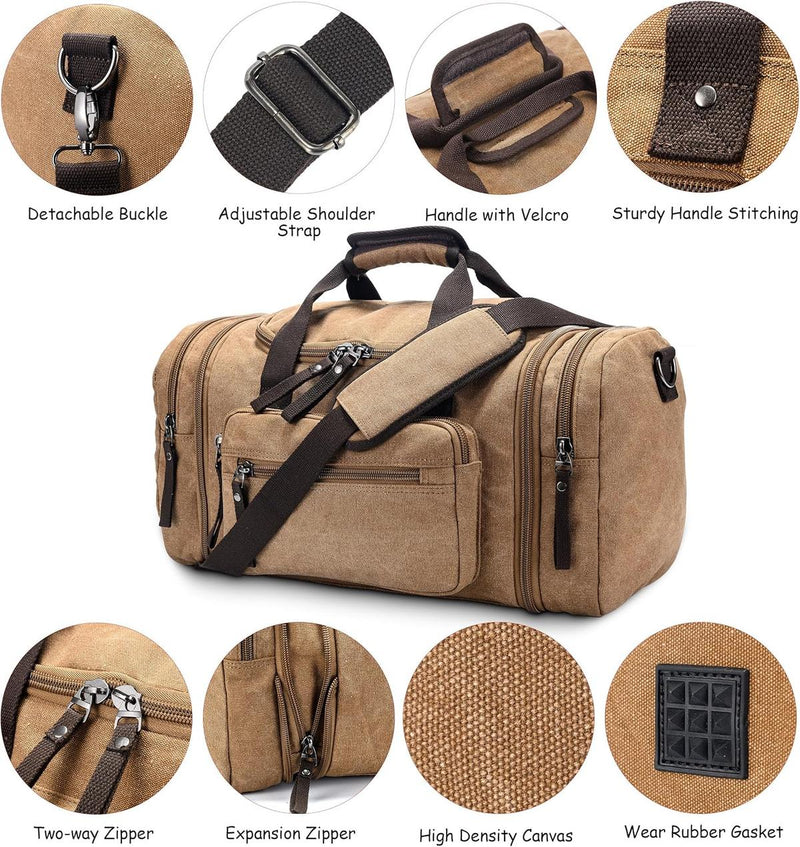 Expandable Canvas Weekend Duffle Bag - 40L to 50L Travel Backpack