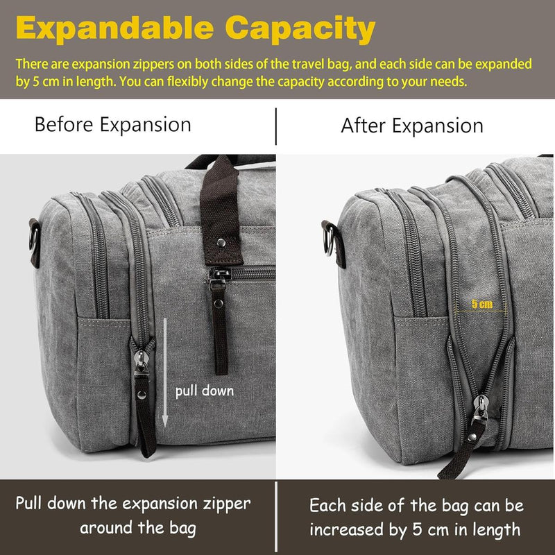 Expandable Canvas Weekend Duffle Bag - 40L to 50L Travel Backpack