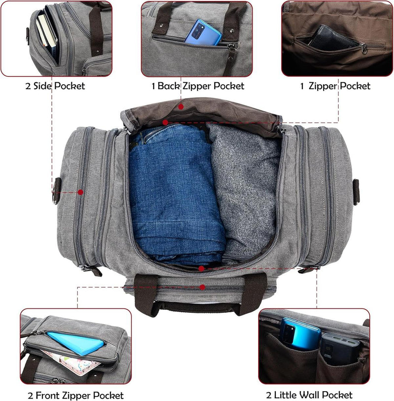 Expandable Canvas Weekend Duffle Bag - 40L to 50L Travel Backpack