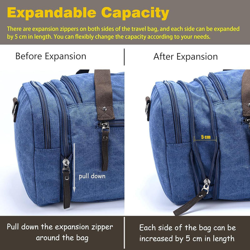 Expandable Canvas Weekend Duffle Bag - 40L to 50L Travel Backpack