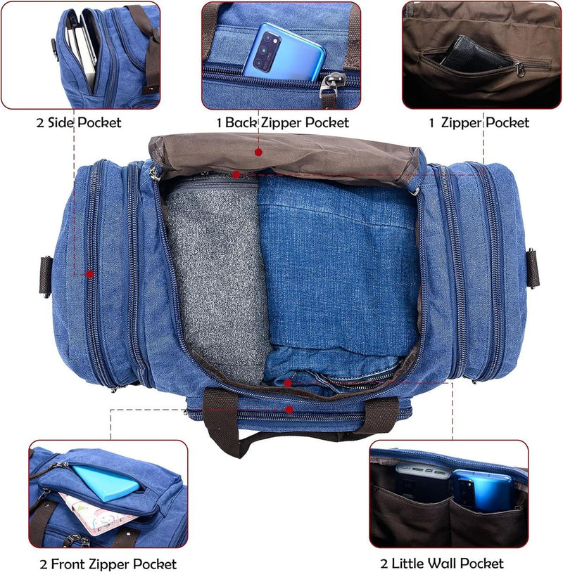 Expandable Canvas Weekend Duffle Bag - 40L to 50L Travel Backpack