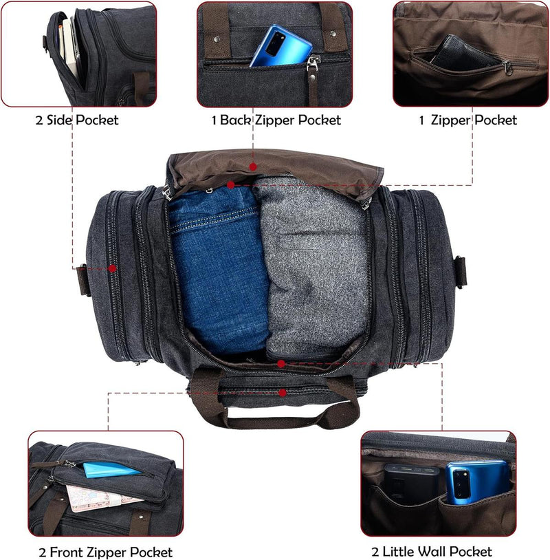 Expandable Canvas Weekend Duffle Bag - 40L to 50L Travel Backpack