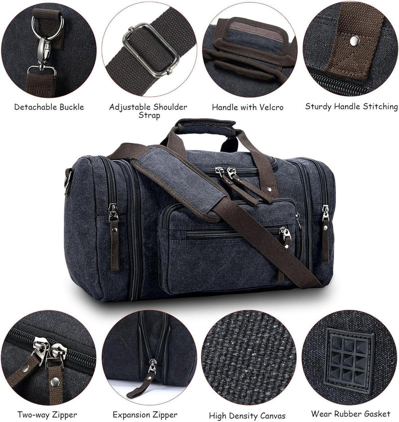Expandable Canvas Weekend Duffle Bag - 40L to 50L Travel Backpack