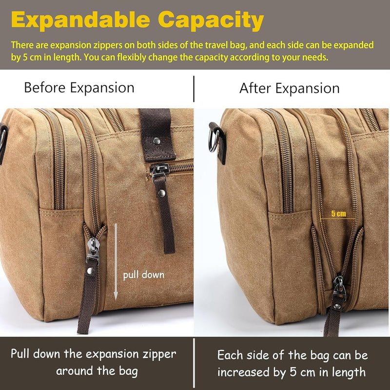 Expandable Canvas Weekend Duffle Bag - 40L to 50L Travel Backpack