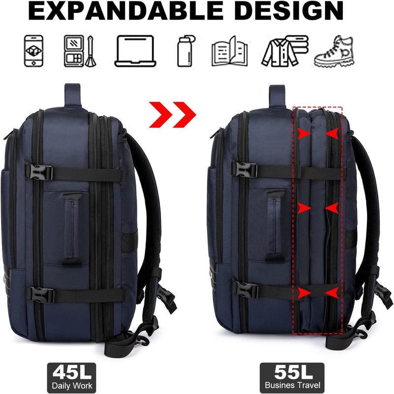 Expandable Waterproof Travel Backpack With Laptop Compartment 45L-55L