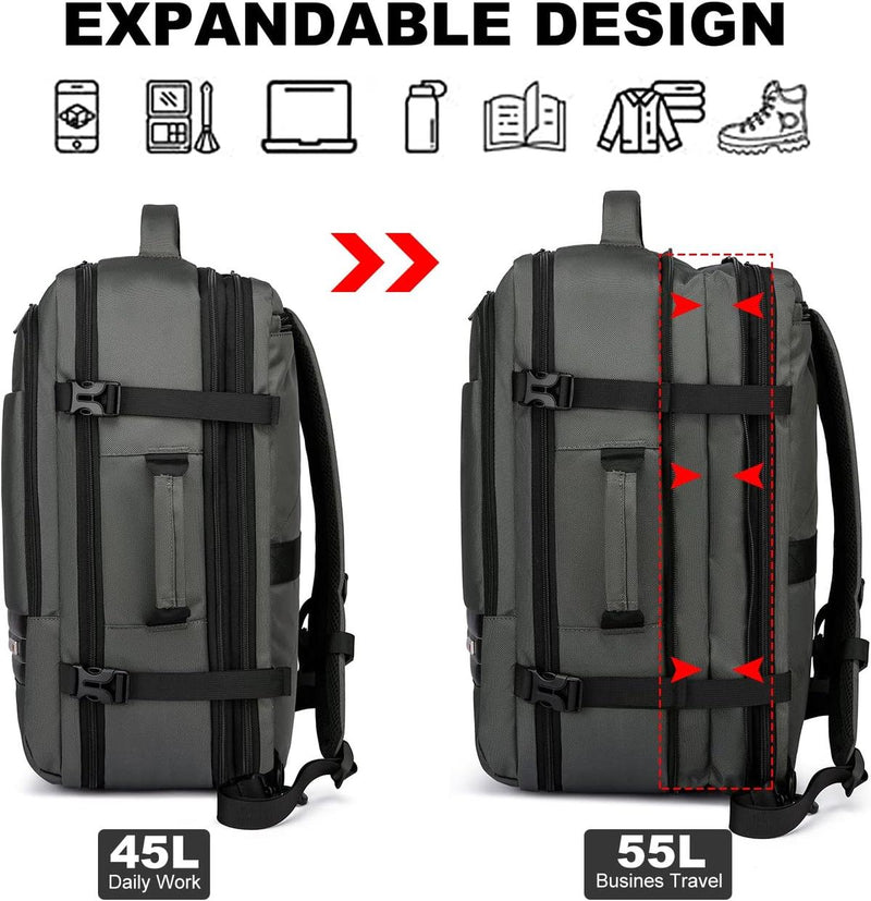 Expandable Waterproof Travel Backpack With Laptop Compartment 45L-55L