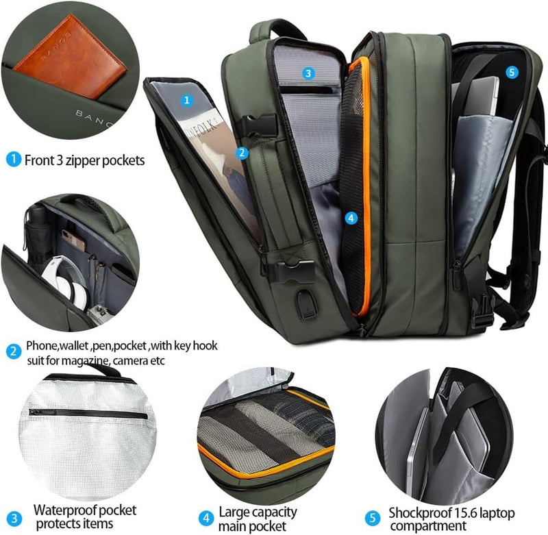 Expandable Waterproof Travel Backpack With Laptop Compartment And Duffle Option