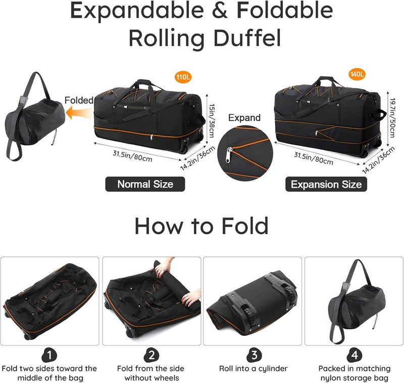 Extra Large Expandable Rolling Duffle Bag 110L-140L Foldable Waterproof Travel Luggage