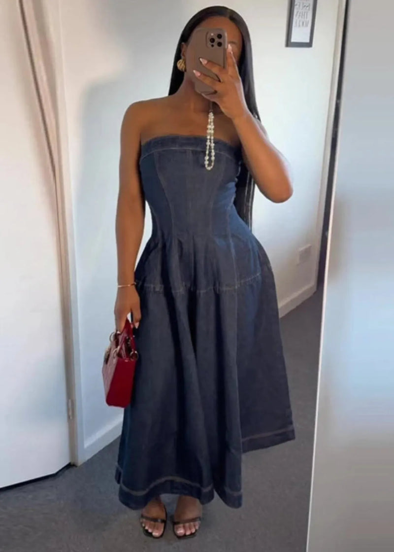 Faux Denim Maxi Dress With Corset-style Bodice