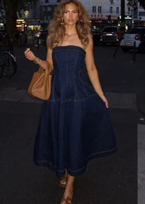 Faux Denim Maxi Dress With Corset-style Bodice