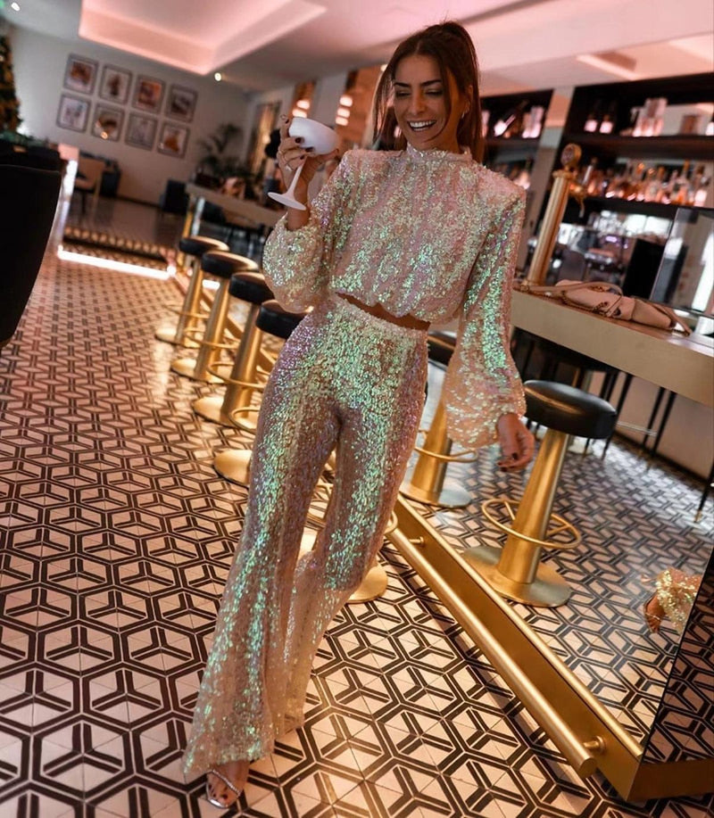 Festive Sequin High-Waisted Pants And Crop Top Set