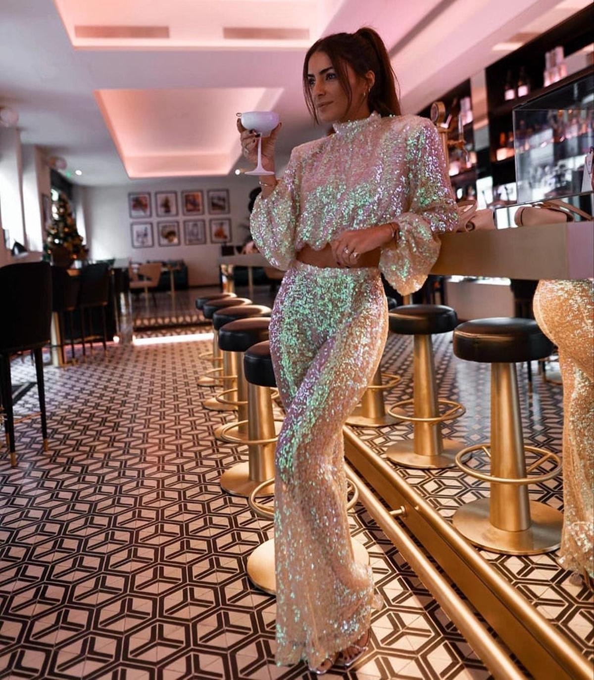 Festive Sequin High-Waisted Pants And Crop Top Set