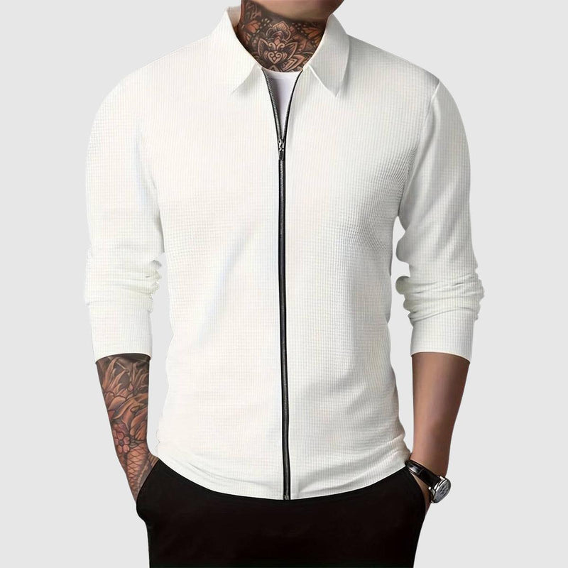 Fitted Waffle Knit Zip-Up Sweater for Men