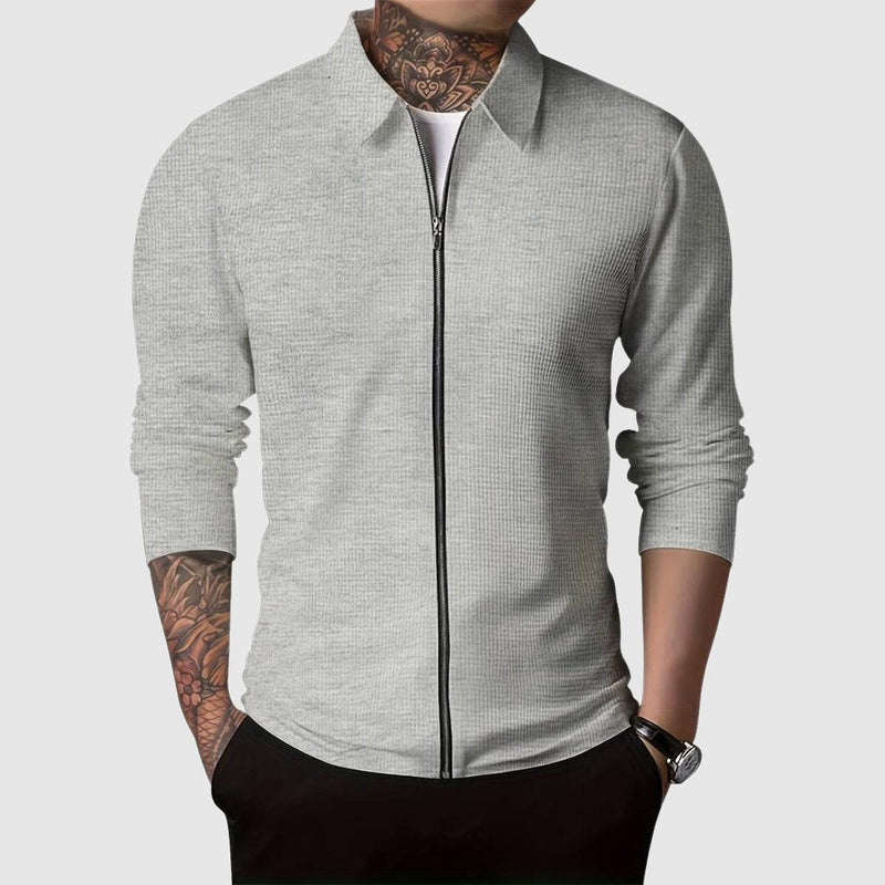 Fitted Waffle Knit Zip-Up Sweater for Men