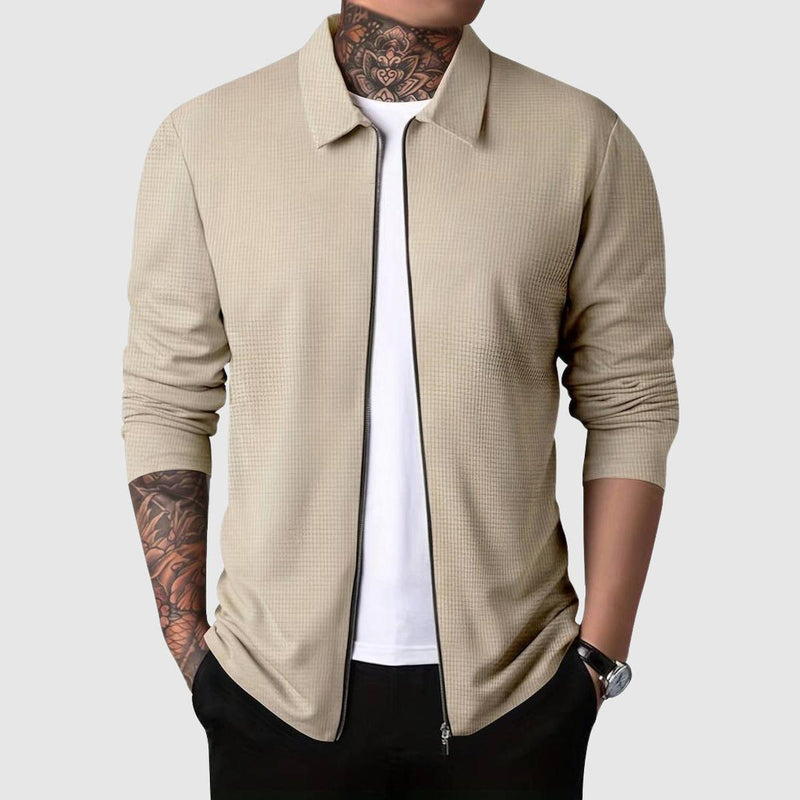 Fitted Waffle Knit Zip-Up Sweater for Men
