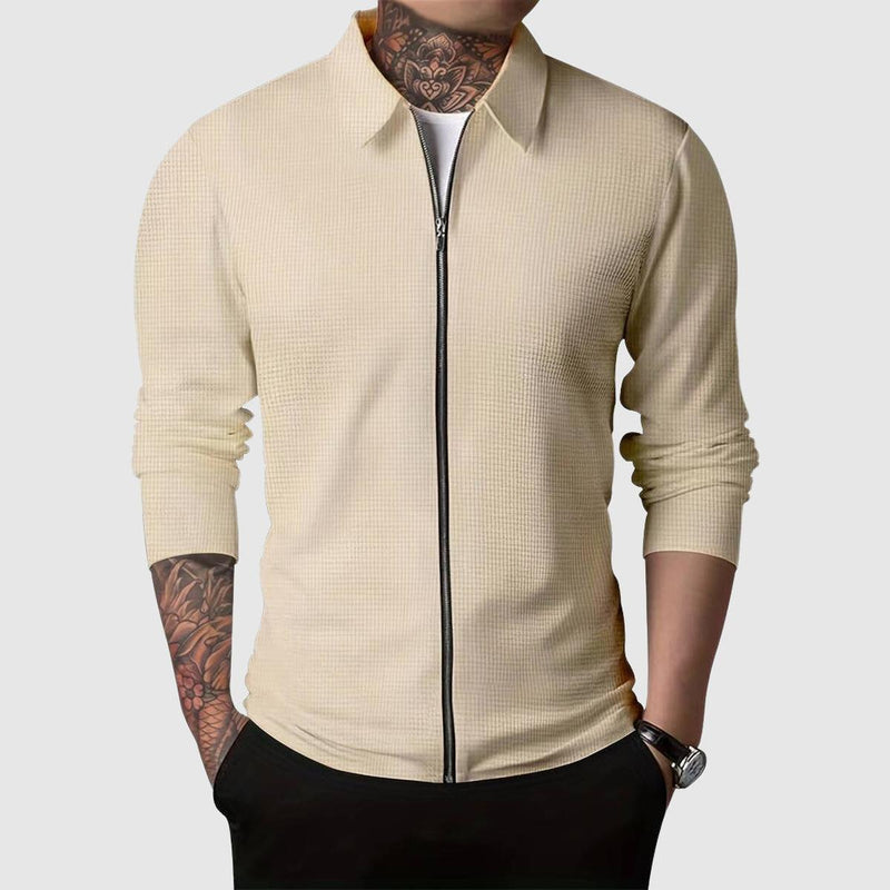 Fitted Waffle Knit Zip-Up Sweater for Men