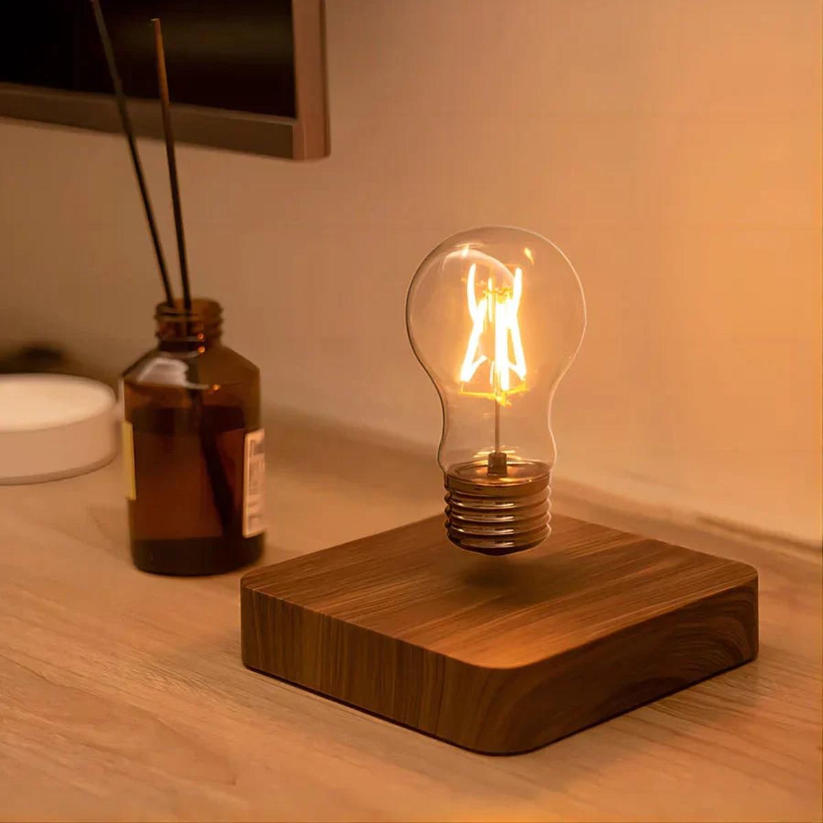 Floating LED Bulb With Walnut Wood Base