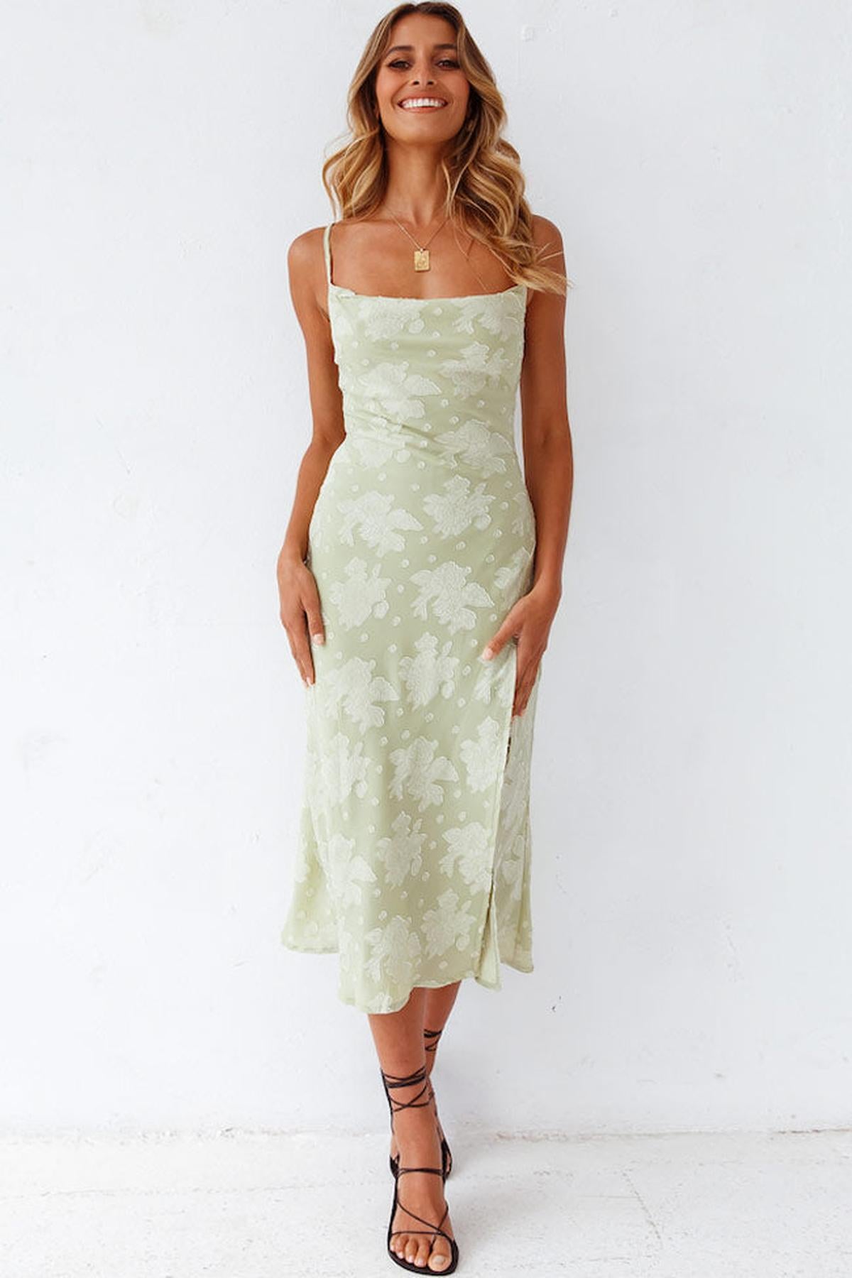 Floral Cowl Neck Midi Slip Dress With High Slit