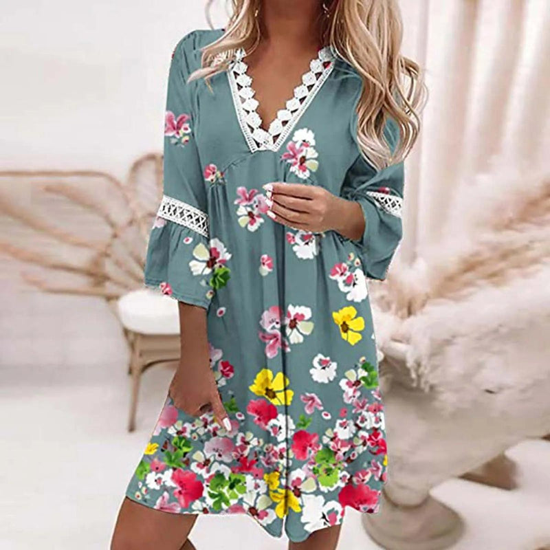 Floral Lace Trim V-Neck Dress