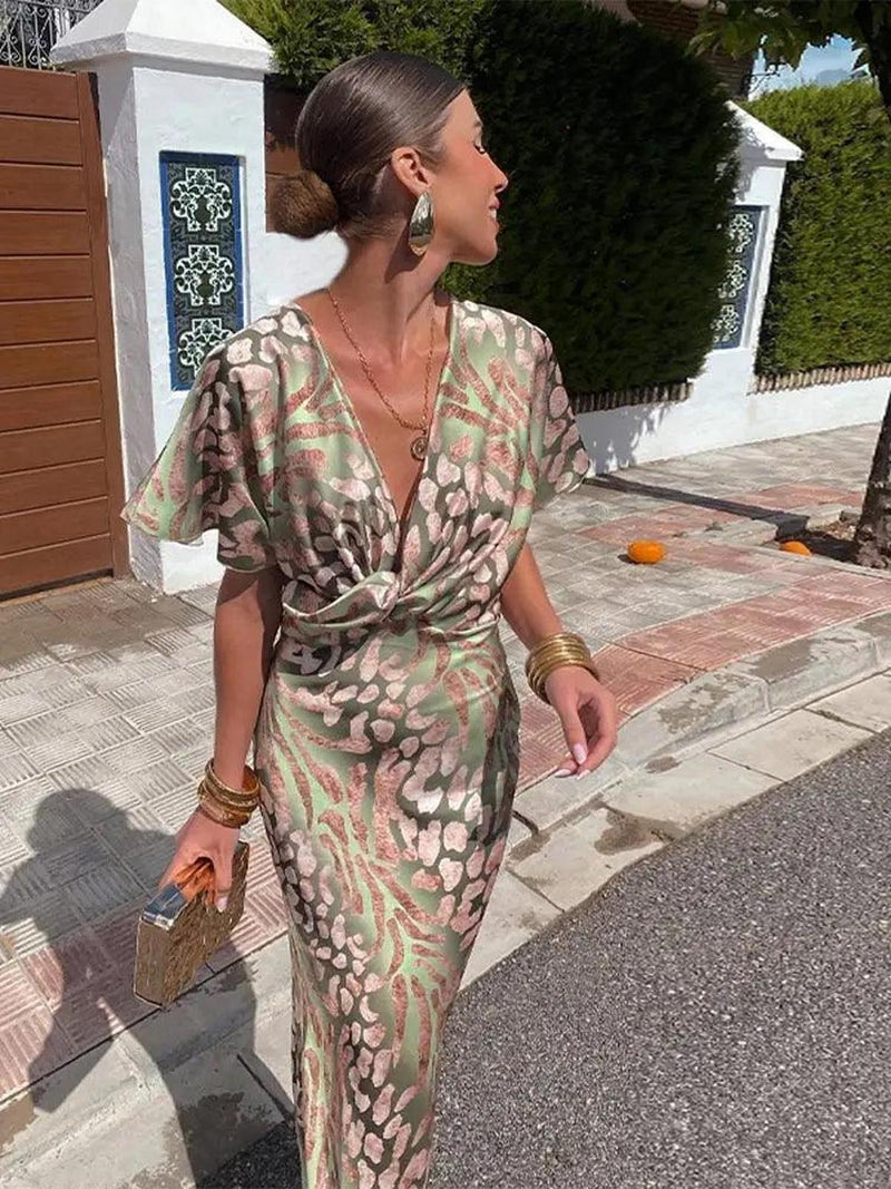 Floral Pleated V-Neck Midi Dress For Women