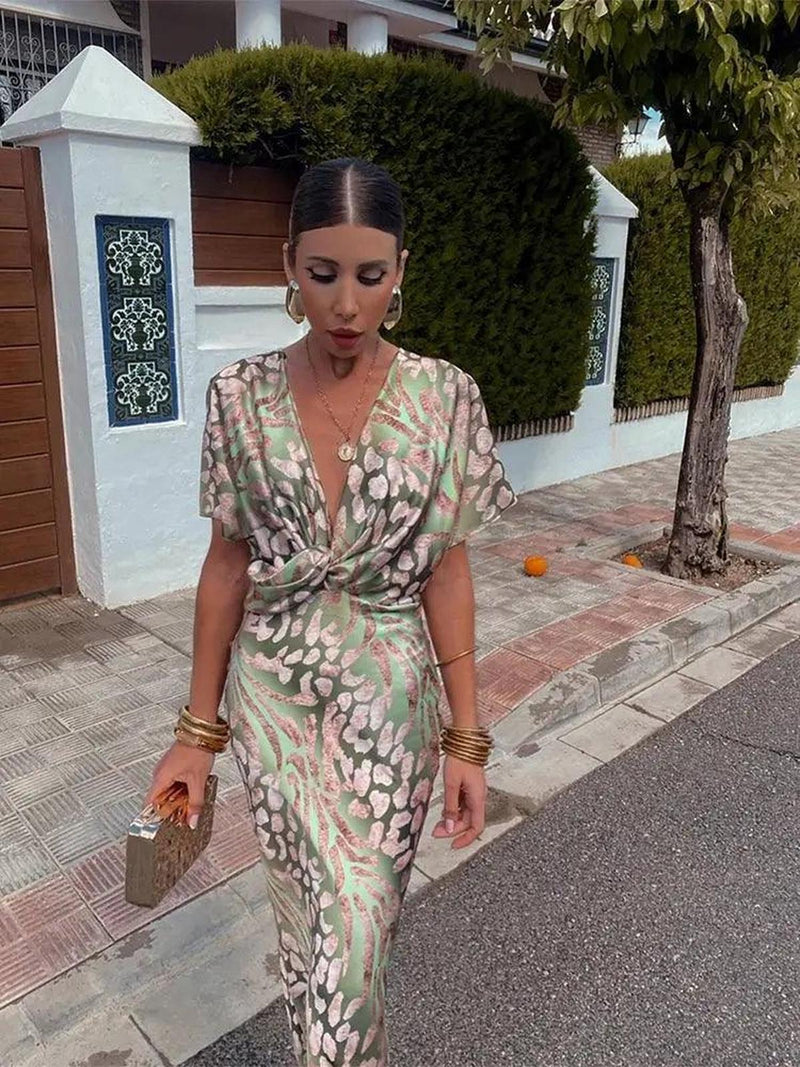 Floral Pleated V-Neck Midi Dress For Women