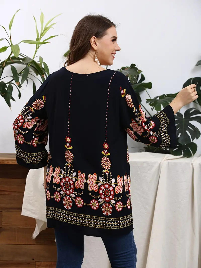 Floral Plus Size Tunic Top With Long Sleeves