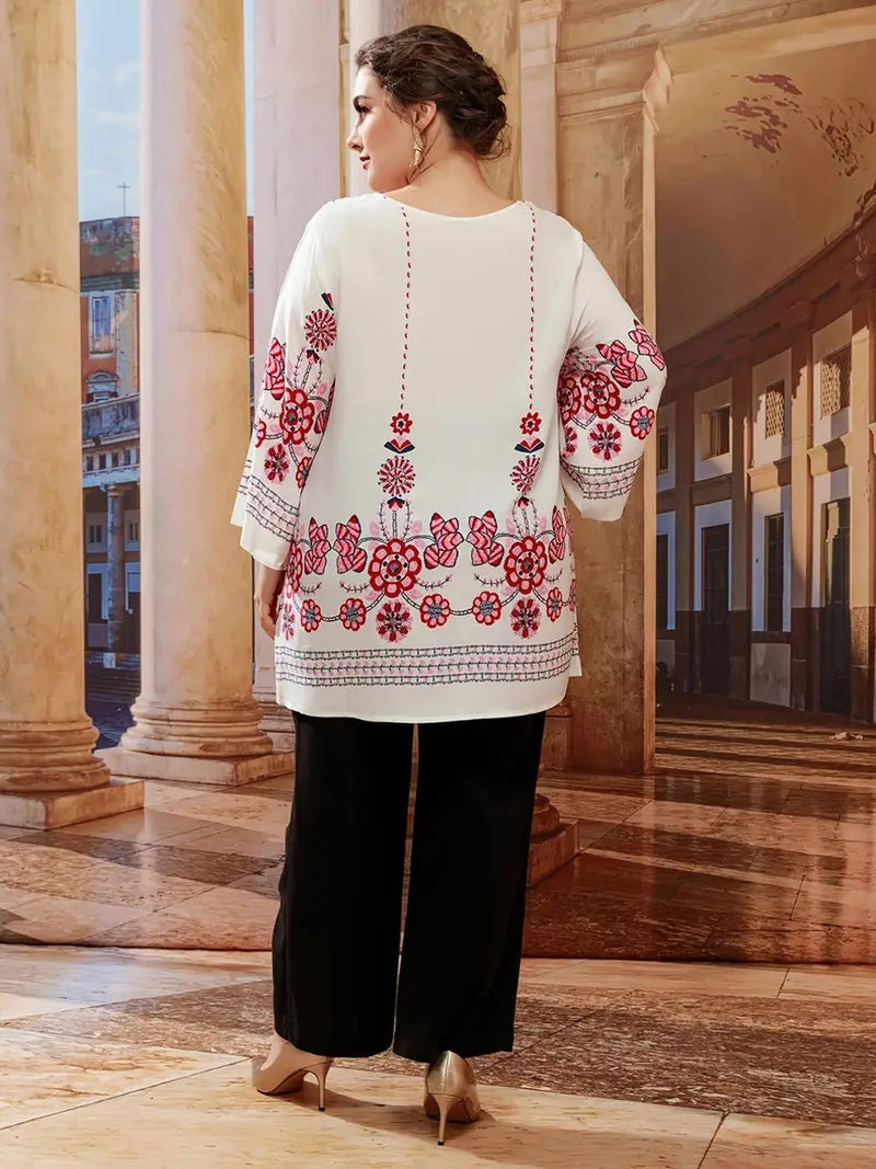 Floral Plus Size Tunic Top With Long Sleeves