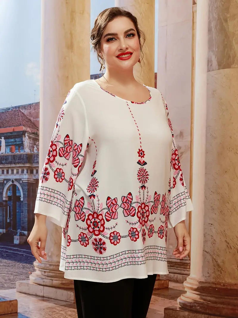 Floral Plus Size Tunic Top With Long Sleeves
