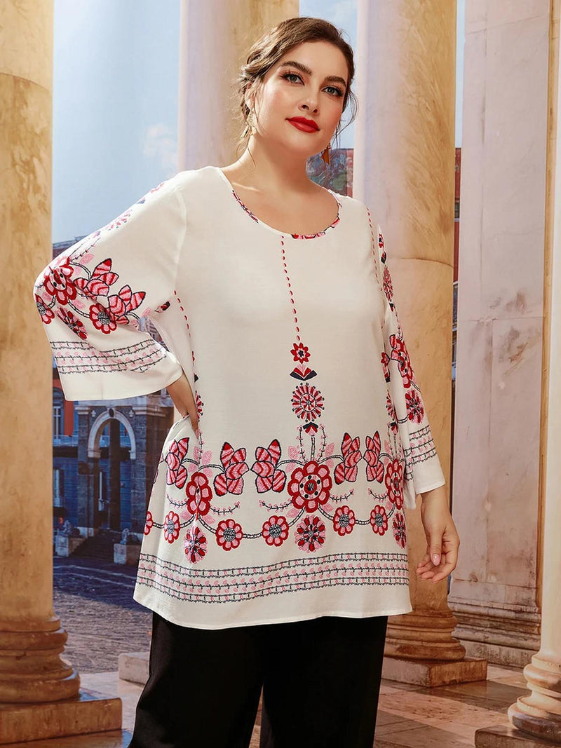 Floral Plus Size Tunic Top With Long Sleeves