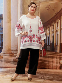 Floral Plus Size Tunic Top With Long Sleeves
