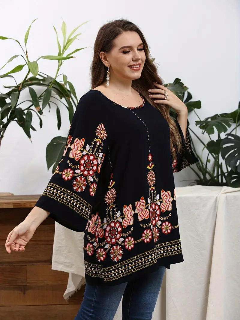 Floral Plus Size Tunic Top With Long Sleeves