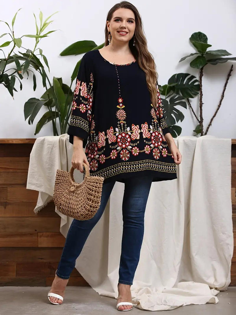 Floral Plus Size Tunic Top With Long Sleeves