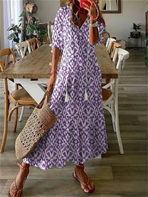 Floral Print V-Neck Maxi Dress With 3/4 Sleeves