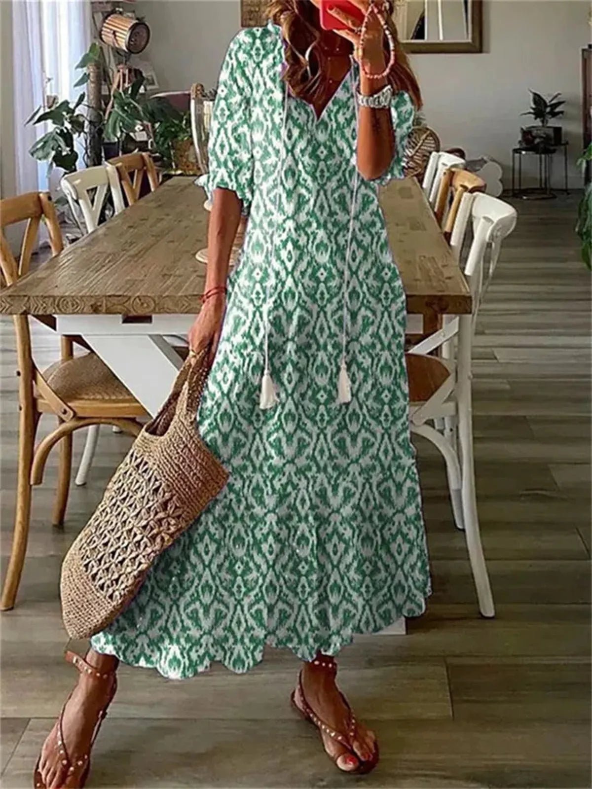 Floral Print V-Neck Maxi Dress With 3/4 Sleeves