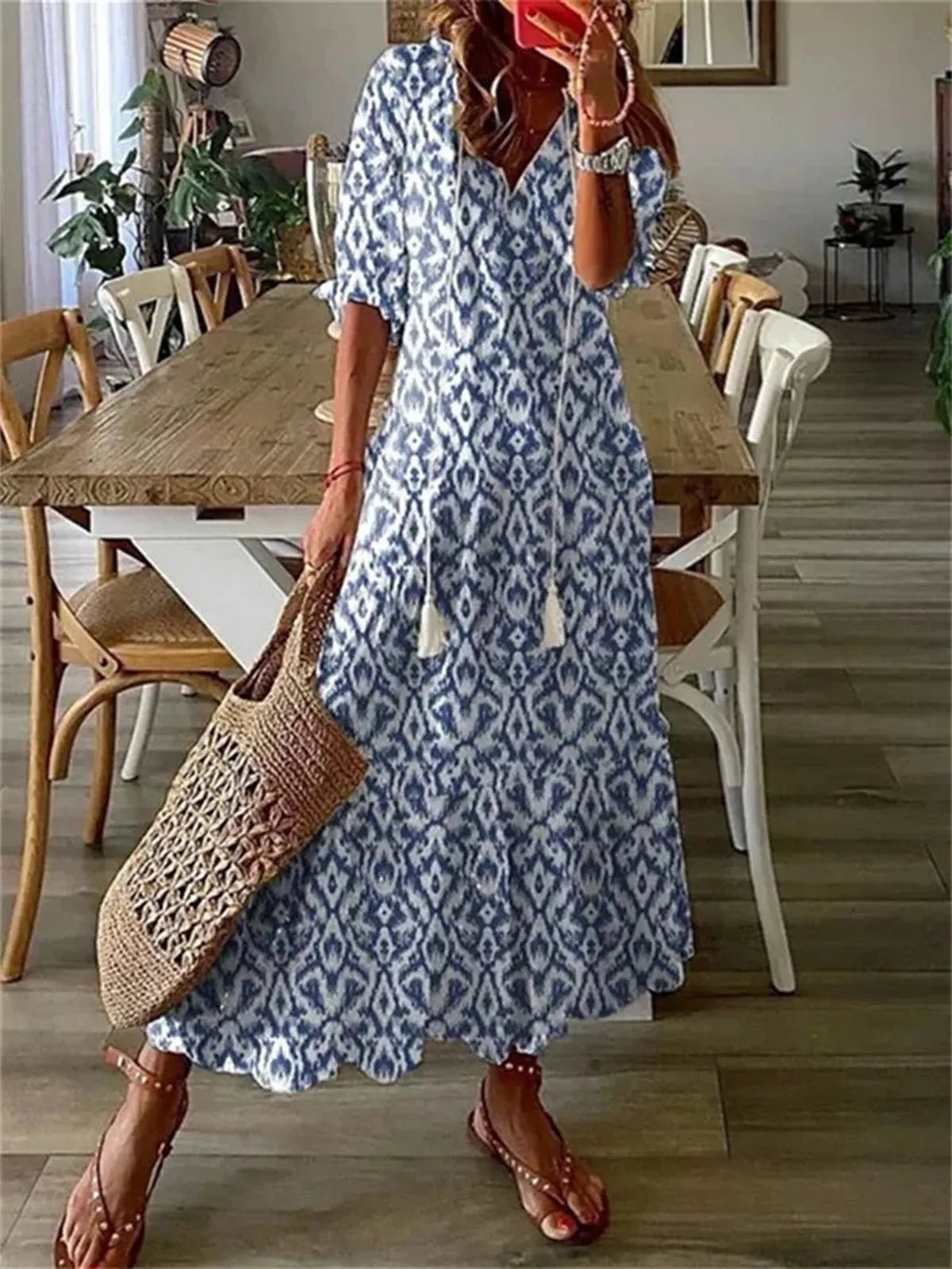 Floral Print V-Neck Maxi Dress With 3/4 Sleeves