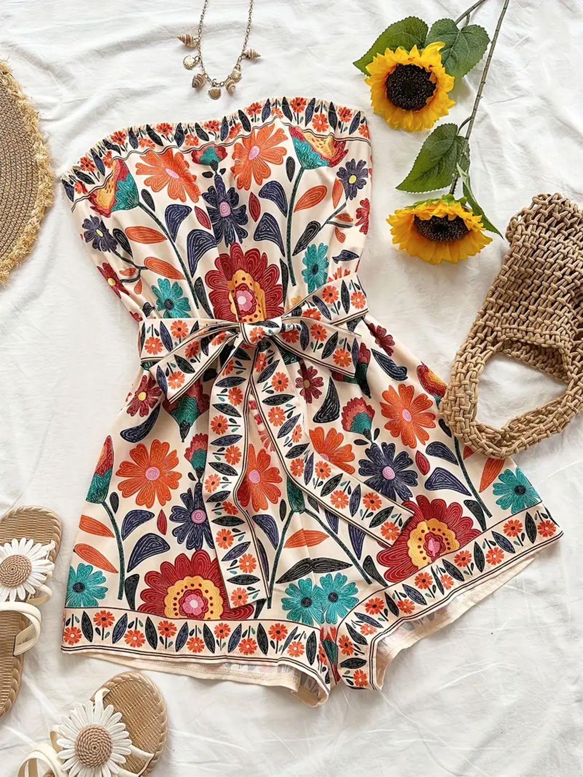 Floral Sleeveless Jumpsuit with Waist Tie