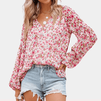 Floral V-Neck Loose Fit Blouse For Women