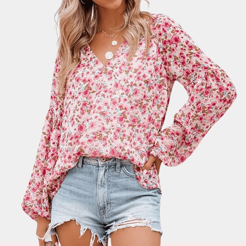 Floral V-Neck Loose Fit Blouse For Women
