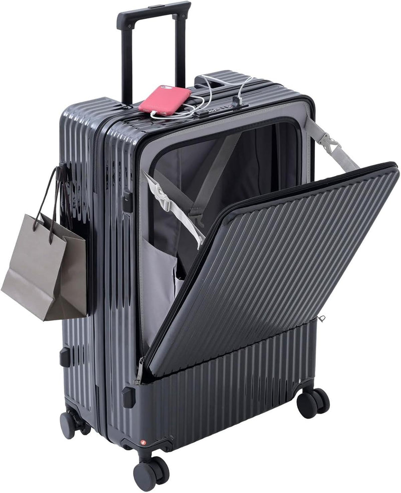 Front-Opening Carry-On Suitcase With USB Port And Drink Holder