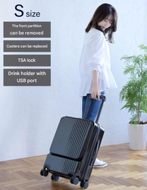 Front-Opening Carry-On Suitcase With USB Port And Drink Holder