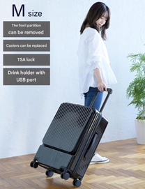 Front-Opening Carry-On Suitcase With USB Port And Drink Holder