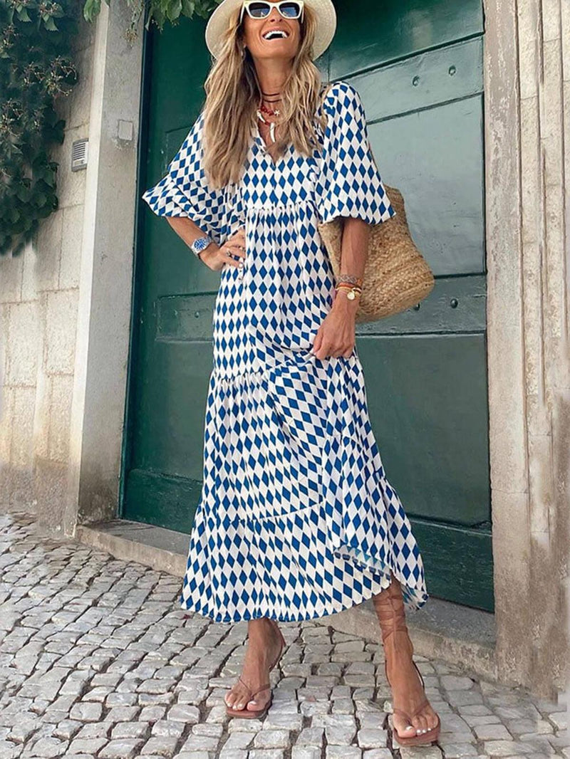 Geometric Print V-Neck Tiered Maxi Dress