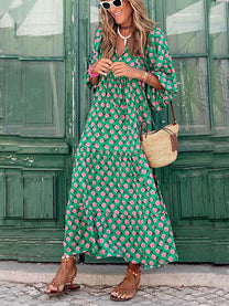 Geometric Print V-Neck Tiered Maxi Dress