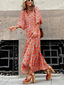 Geometric Print V-Neck Tiered Maxi Dress
