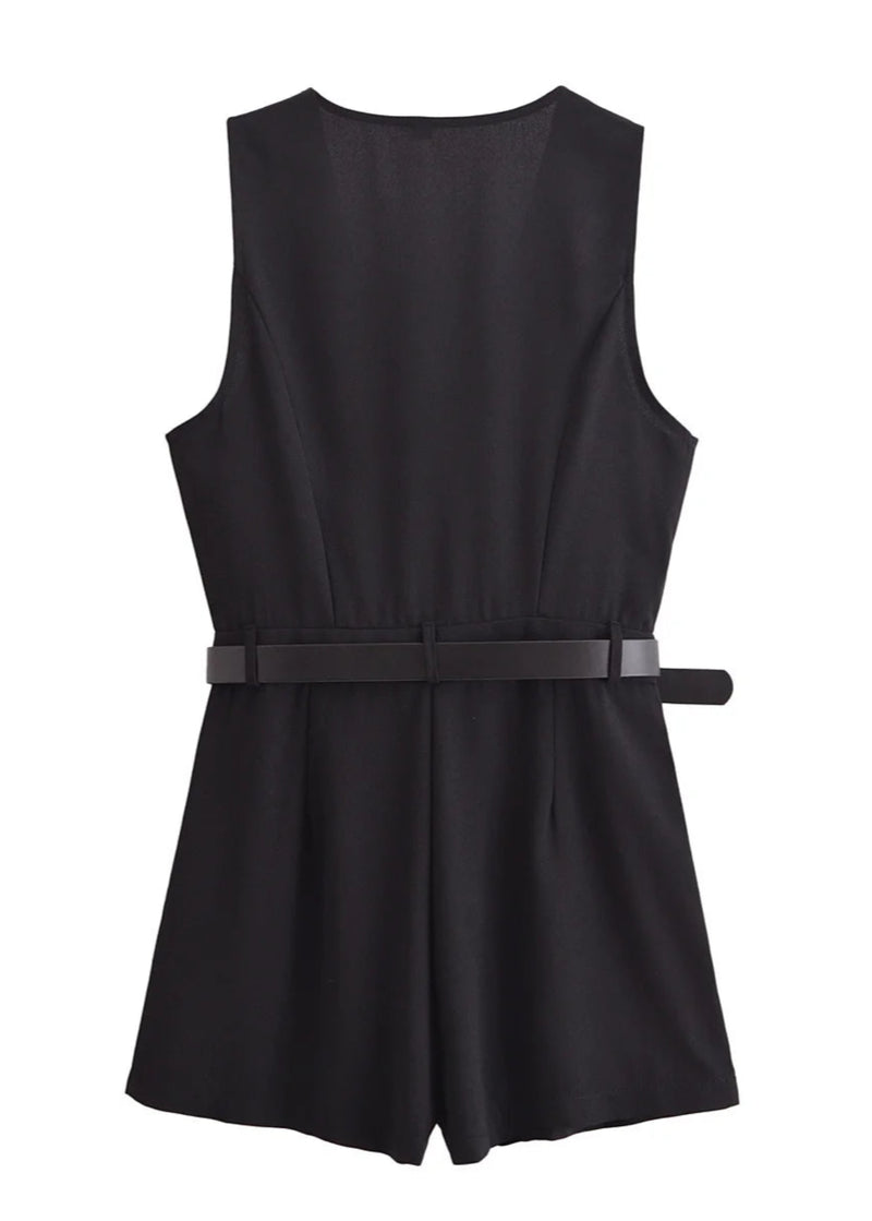 Gold Button Detail Belted Mini Jumpsuit