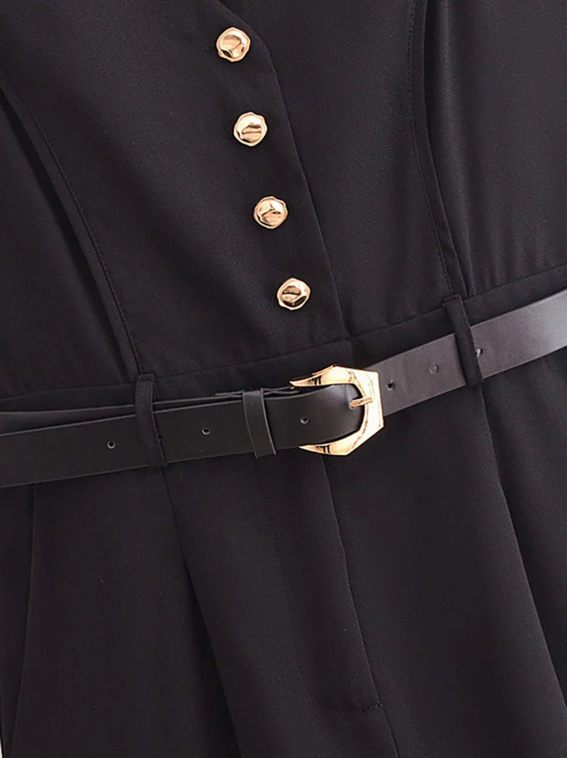 Gold Button Detail Belted Mini Jumpsuit