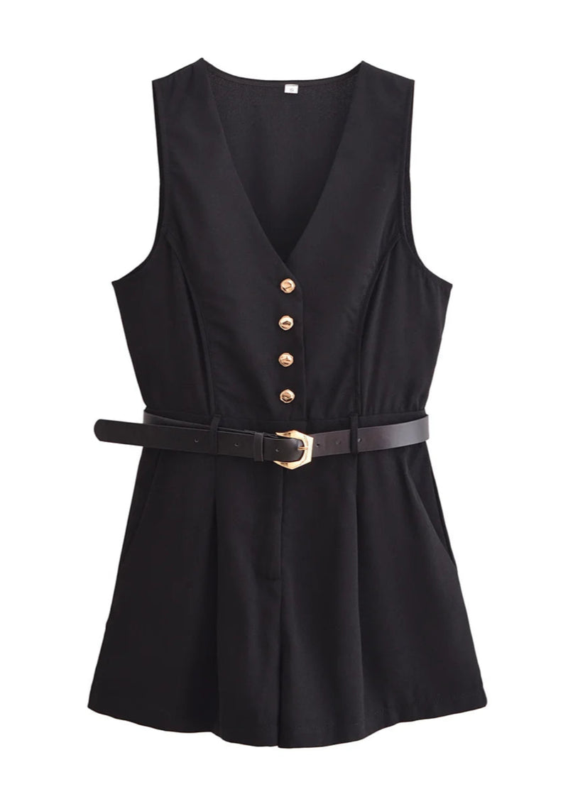 Gold Button Detail Belted Mini Jumpsuit