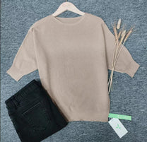Gold Round Neck Pullover For Women - 3/4 Sleeve Solid Sweater